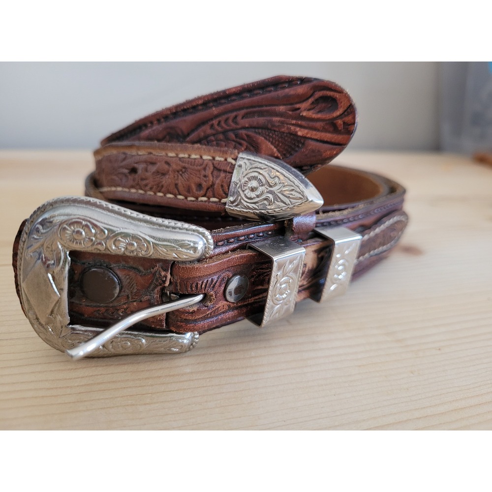 Vintage Western Hand Tooled Leather Belt Brown Silver Buckle Made in USA 32